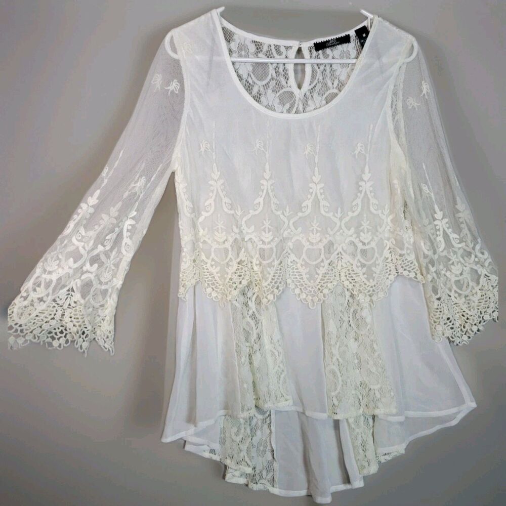 BKE Btq Boho Cottage Fairy Blouse Top Womens Medium Cream Sheer Crochet Chiffon